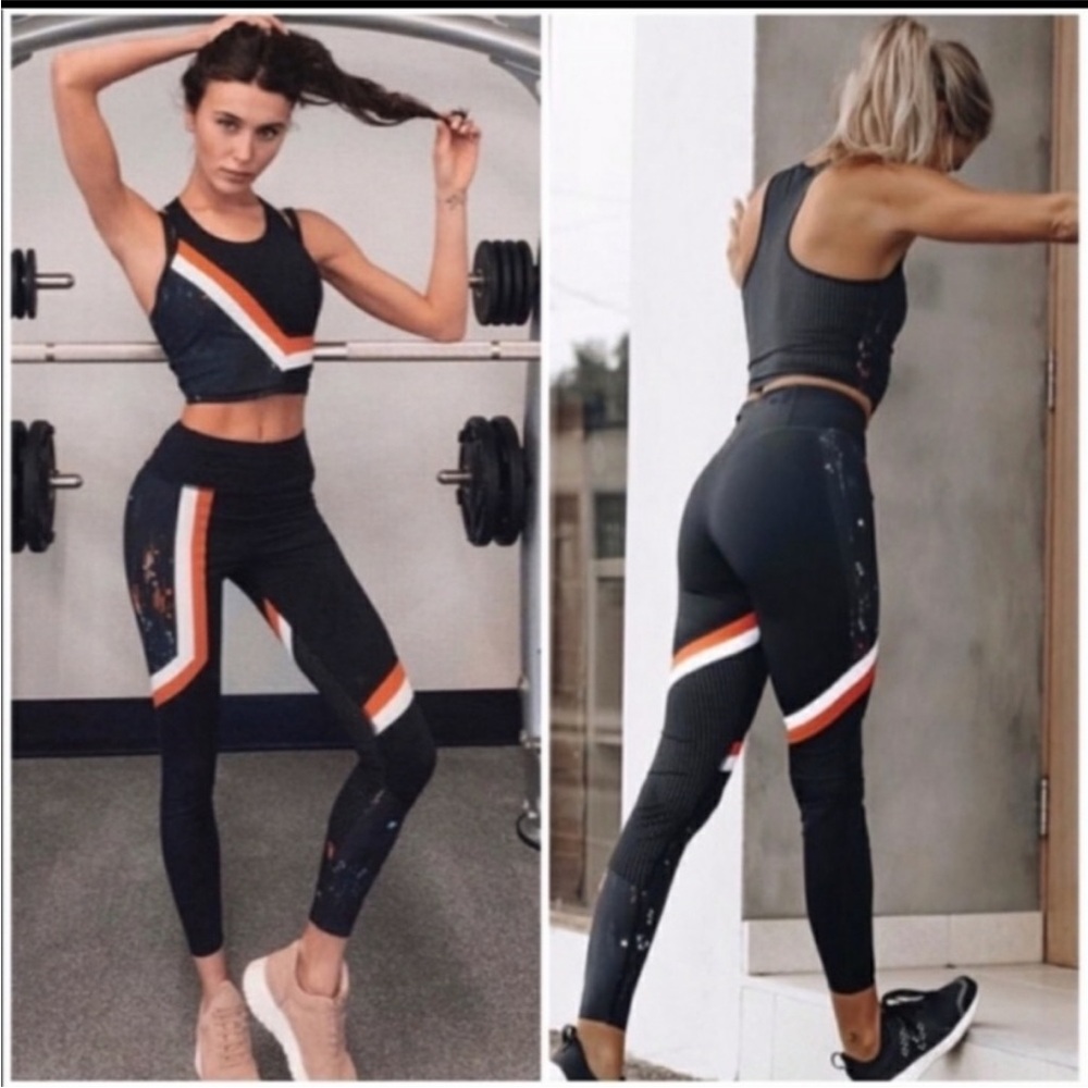 Sweaty Betty Zero Gravity Glitch Print Black and Orange Leggings Top Set M